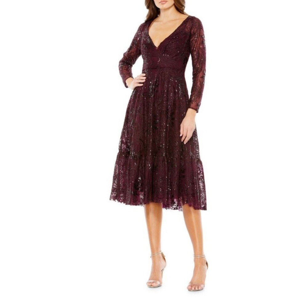 MAC DUGGAL 68001 Burgundy Lace Sequin V Neck Long Sleeve Midi Dress Size 2